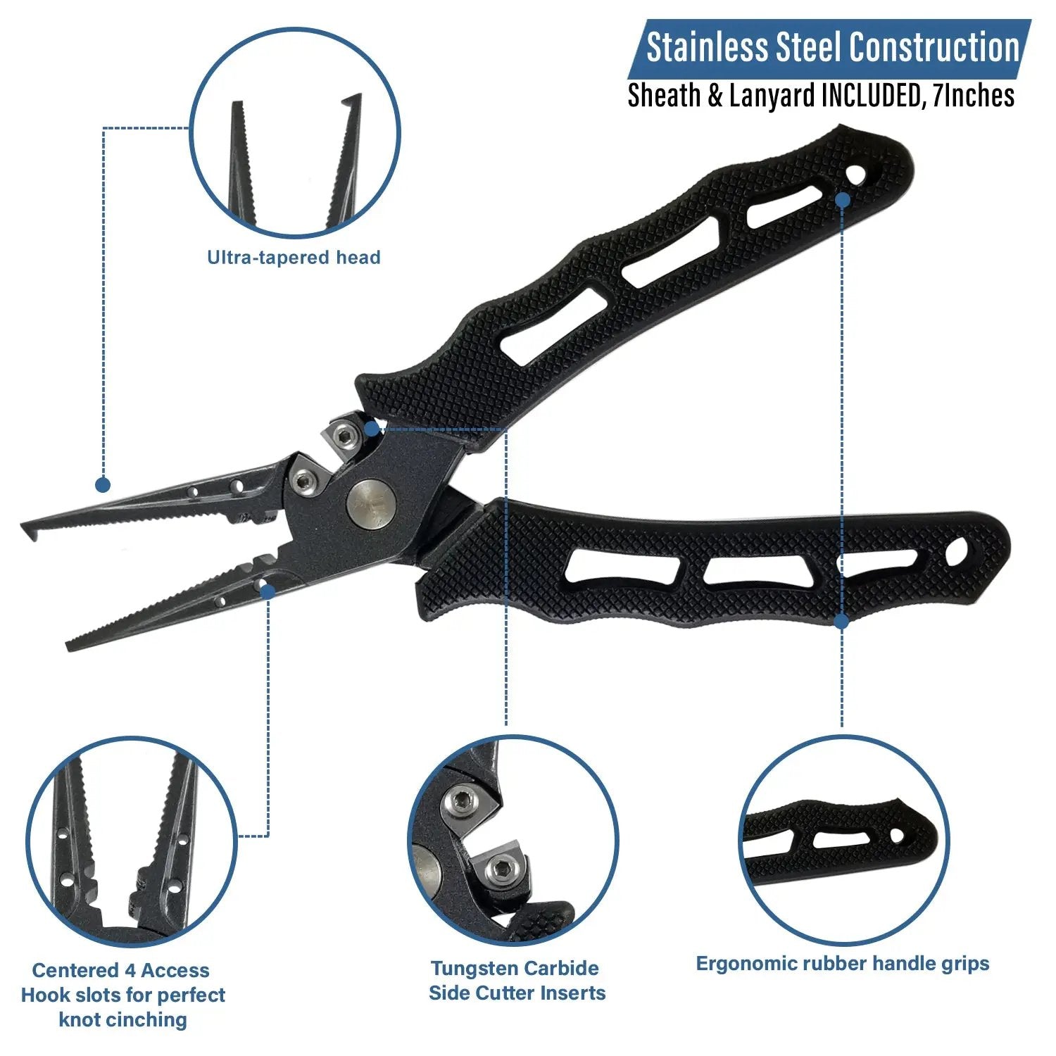 Stainless Steel Split Ring Fishing Pliers | 7" w/ Sheath & Lanyard