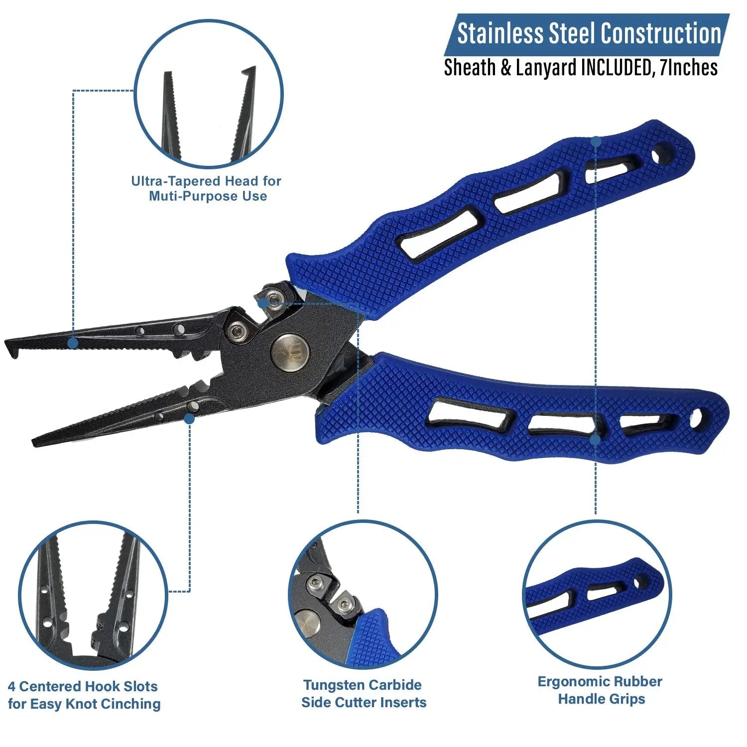 Stainless Steel Split Ring Fishing Pliers | 7" w/ Sheath & Lanyard