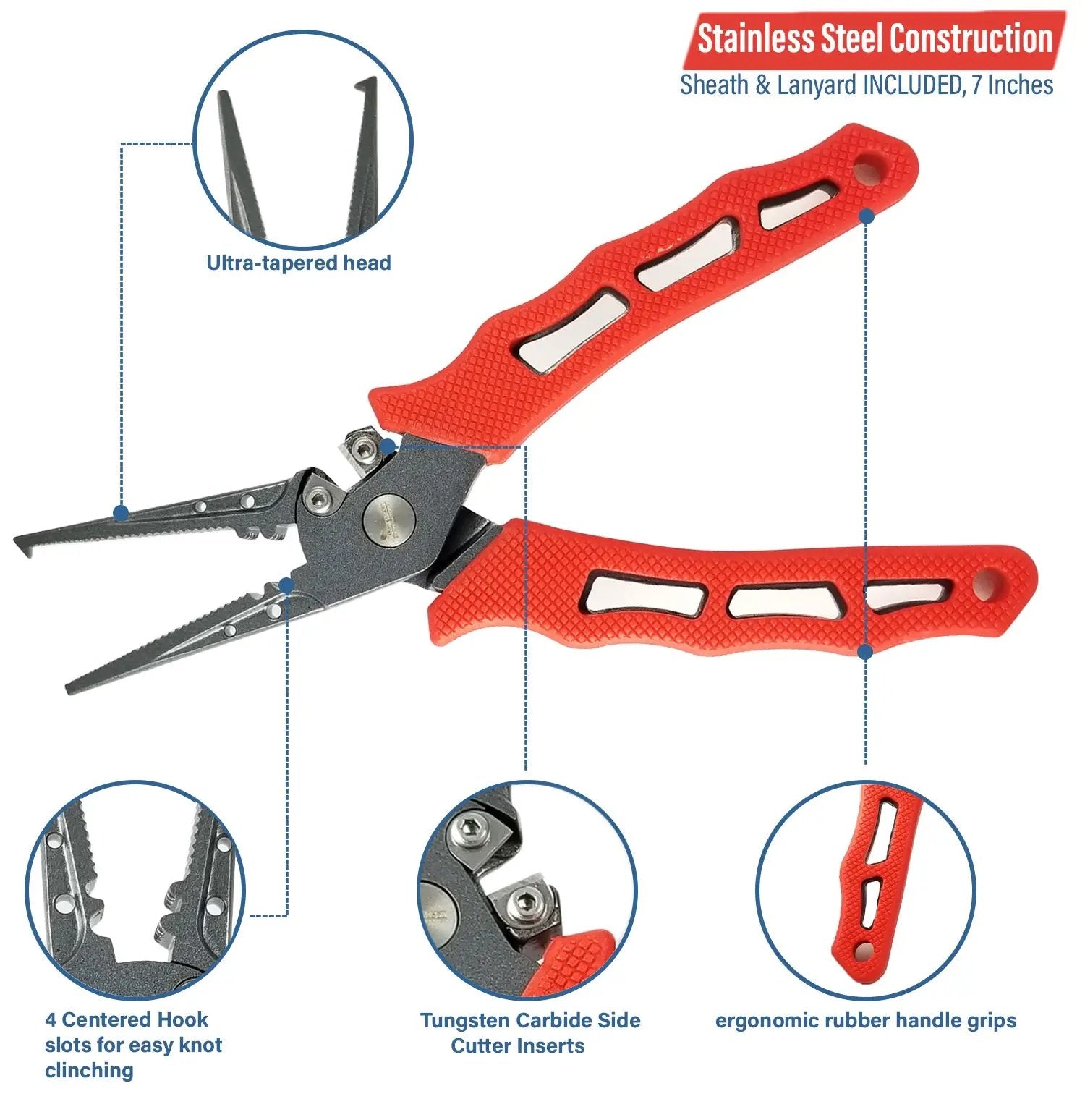 Stainless Steel Split Ring Fishing Pliers | 7" w/ Sheath & Lanyard