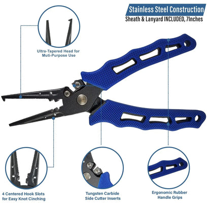 Stainless Steel Split Ring Fishing Pliers | 7&quot; w/ Sheath &amp; Lanyard